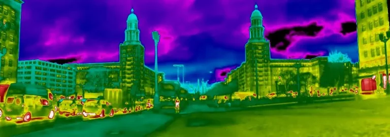 Foto einer Berliner Straße mit Wärmebildkamera aufgenommen - Thermografie